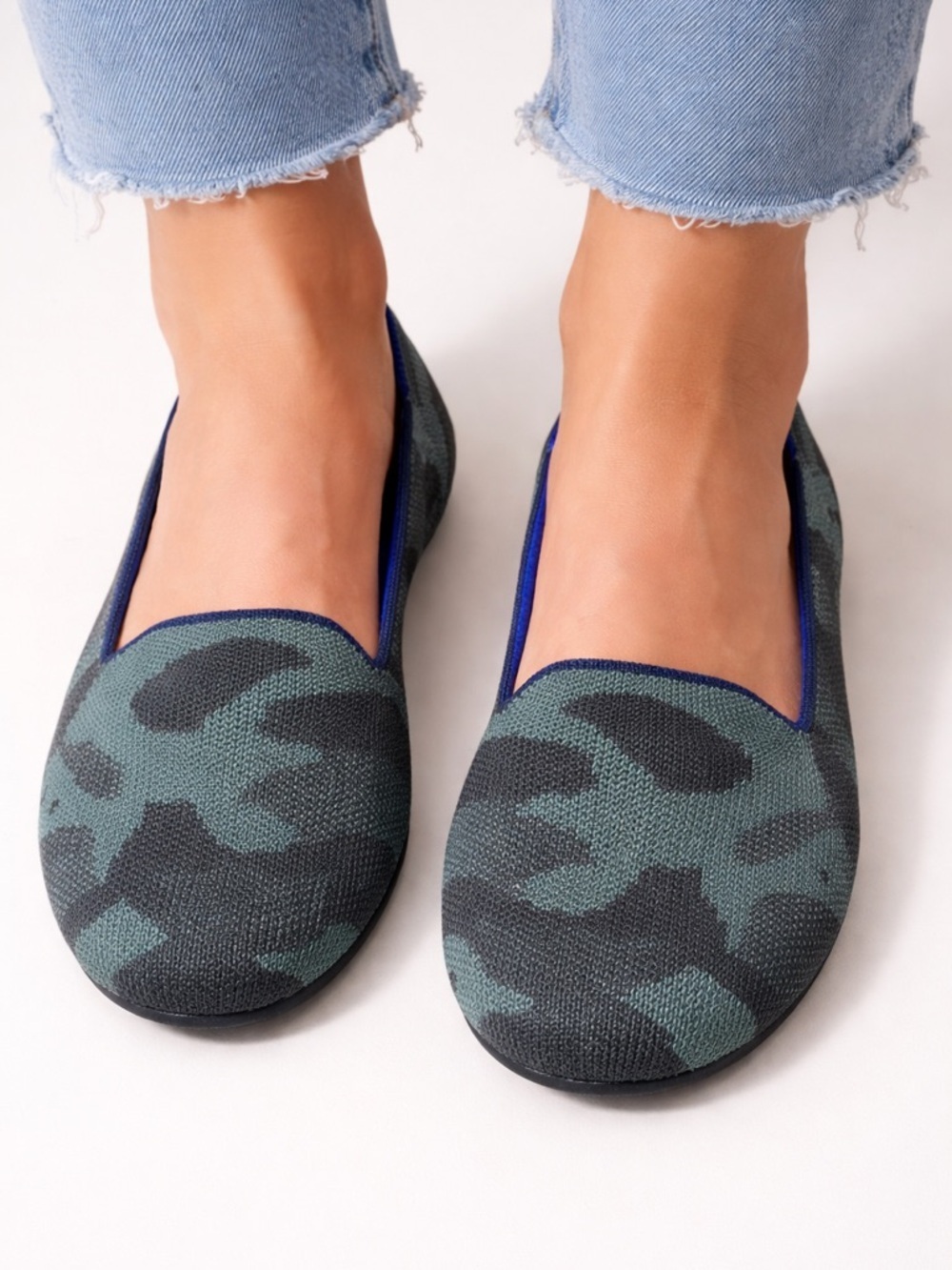 Rothy's Green Camouflage Slip-On Flats with Navy Trim